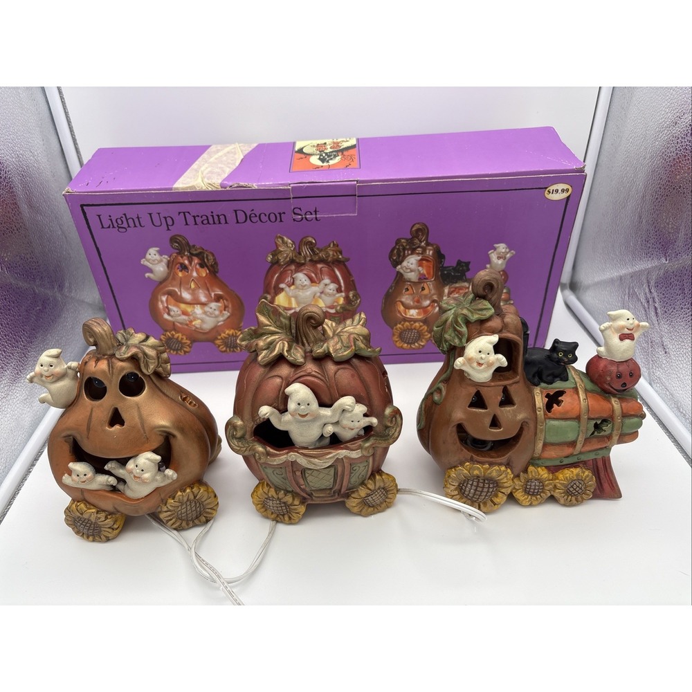 Cracker Barrel Halloween Light Up Pumpkin Ghost Train Decor Set Vintage 3 Pc